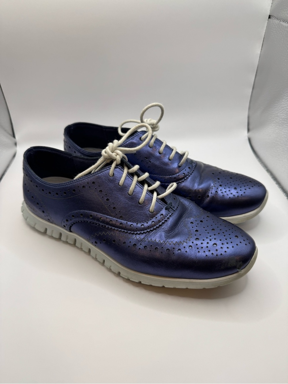 Cole Haan Metallic Navy Wingtip Derby Oxfords with White Laces